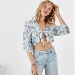 AE American Eagle Blue Daisy Front-Tie Top